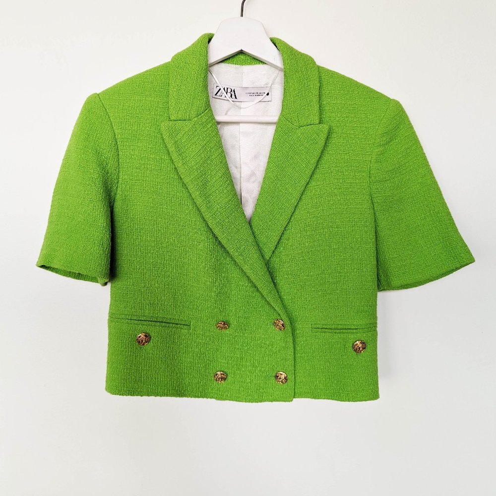 ZARA Cropped Double Breasted Green Short Sleeve Tweed Blazer